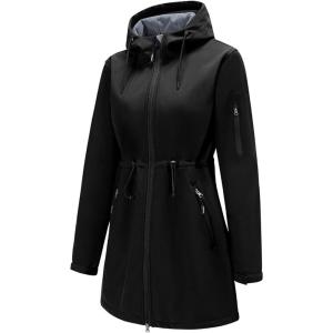 imageFARVALUE Womens Long Softshell Jacket Waterproof Lightweight Warm Windproof Hooded Fleece Lined Rain Coat for OutdoorBlack