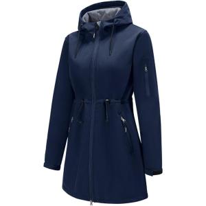 imageFARVALUE Womens Long Softshell Jacket Waterproof Lightweight Warm Windproof Hooded Fleece Lined Rain Coat for OutdoorNavy