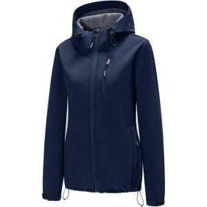 imageFARVALUE Womens Lightweight Softshell Jacket Hooded Waterproof Windproof Coat Fleece Lined Insulated Winbreaker HikingNavy