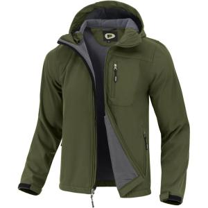 imageFARVALUE Mens Softshell Jacket with Hood Fleece Lined Windproof Coat Lightweight Waterproof Insulated Winbreaker for HikingArmy Green