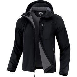 imageFARVALUE Mens Softshell Jacket with Hood Fleece Lined Windproof Coat Lightweight Waterproof Insulated Winbreaker for HikingBlack