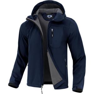 imageFARVALUE Mens Softshell Jacket with Hood Fleece Lined Windproof Coat Lightweight Waterproof Insulated Winbreaker for HikingNavy