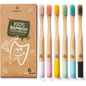 imageGREENZLA Kids Bamboo Toothbrushes 6 Pack BPA Free Soft Bristles EcoFriendly Natural Toothbrush Set Biodegradable ampamp Compostable Charcoal Wooden