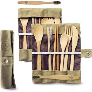 imageGreenzla 2Pack Bamboo Utensils Set  With Bonus 2 Bamboo Toothbrushes  Natural Bamboo Straw Spoon Fork Knife Teaspoon Chopsticks Brush ampamp 2 Storage Bags  Reusable Bamboo Cutlery setGreen  Green