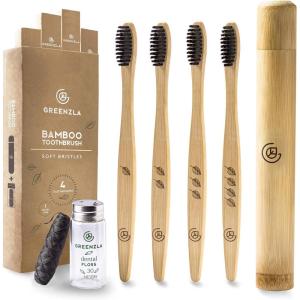 imageGreenzla Organic Bamboo Toothbrushes 12 Pack Sturdy BPA Free Soft Bristles Toothbrushes for Adults with Toothbrush Travel Case ampamp Charcoal Dental Floss Biodegradable ampamp Compostable Wooden Toothbrushes1 Count Pack of 4