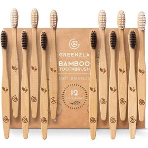 imageGreenzla Organic Bamboo Toothbrushes 12 Pack Sturdy BPA Free Soft Bristles Toothbrushes for Adults with Toothbrush Travel Case ampamp Charcoal Dental Floss Biodegradable ampamp Compostable Wooden Toothbrushes1 Count Pack of 12