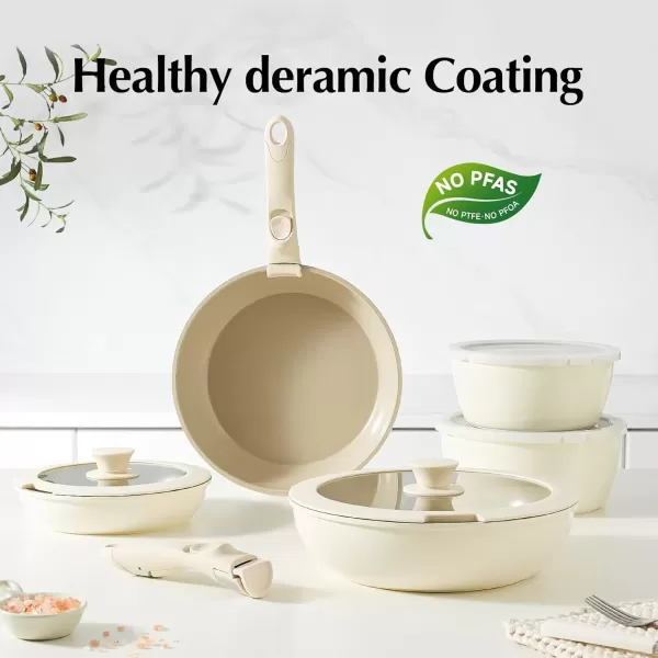 imageRedchef Ceramic Pots and Pans Set Nonstick Kitchen Cookware Set with Detachable Handle Non Toxic Cookware Set 16pcs PFAS PFOA ampamp PTFE Free RV Ceramic Cookware Set for Camping DishwasherOven SafeBeige White