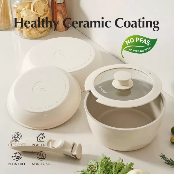 imageRedchef Ceramic Pots and Pans Set Nonstick Kitchen Cookware Set with Detachable Handle Non Toxic Cookware Set 16pcs PFAS PFOA ampamp PTFE Free RV Ceramic Cookware Set for Camping DishwasherOven SafeBeige White