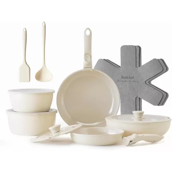 imageRedchef Ceramic Pots and Pans Set Nonstick Kitchen Cookware Set with Detachable Handle Non Toxic Cookware Set 16pcs PFAS PFOA ampamp PTFE Free RV Ceramic Cookware Set for Camping DishwasherOven SafeBeige White