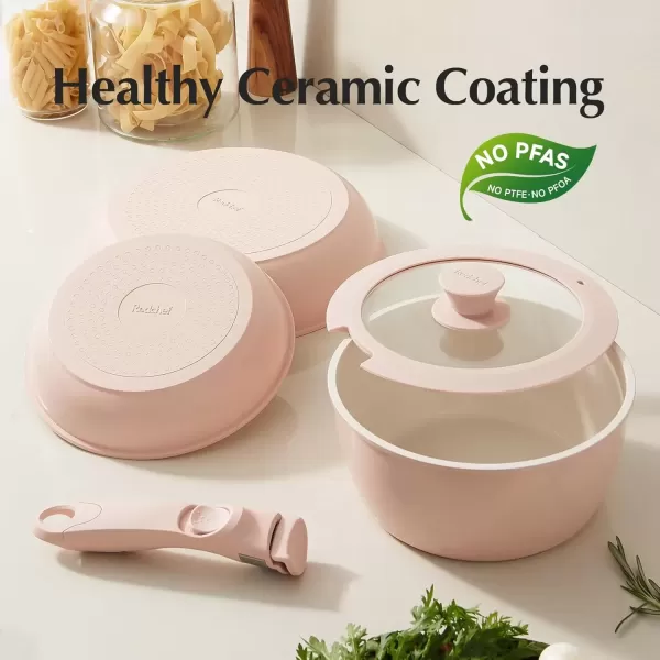 imageRedchef Ceramic Pots and Pans Set Nonstick Kitchen Cookware Set with Detachable Handle Non Toxic Cookware Set 16pcs PFAS PFOA ampamp PTFE Free RV Ceramic Cookware Set for Camping DishwasherOven SafePink