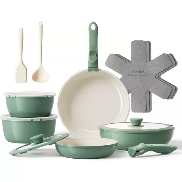 imageRedchef Ceramic Pots and Pans Set Nonstick Kitchen Cookware Set with Detachable Handle Non Toxic Cookware Set 16pcs PFAS PFOA ampamp PTFE Free RV Ceramic Cookware Set for Camping DishwasherOven SafeGreen