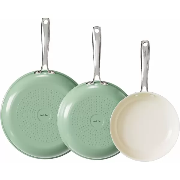 imageRedchef Non Stick Ceramic Frying Pan Set Non Toxic Ceramic Pans for Cooking 8quot 95quot 11quot Skillet Set No PFAS ampamp PTFE ampamp PFOA with Stainless Steel Handle Dishwasher ampamp Oven Safe Max up to 842F GreyGreen