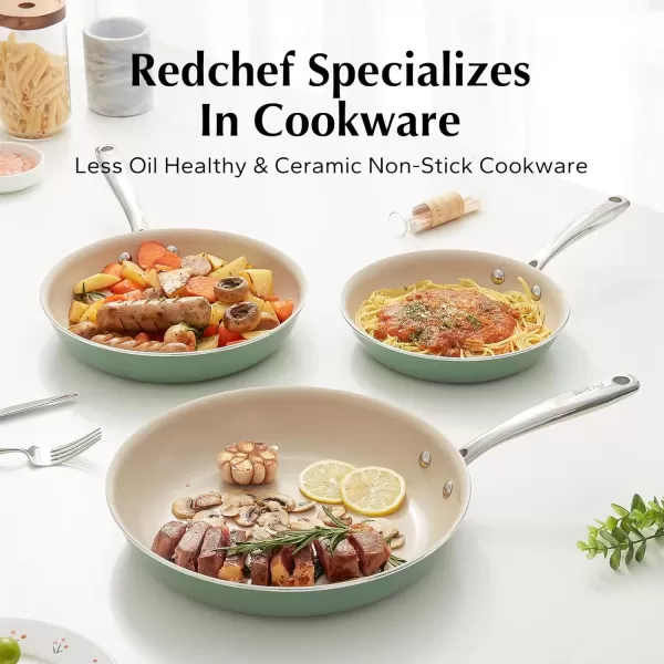 imageRedchef Non Stick Ceramic Frying Pan Set Non Toxic Ceramic Pans for Cooking 8quot 95quot 11quot Skillet Set No PFAS ampamp PTFE ampamp PFOA with Stainless Steel Handle Dishwasher ampamp Oven Safe Max up to 842F GreyGreen