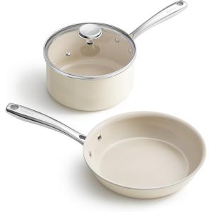 image:imageRedchef Sauce Pan Cookware Set 8 NonStick Ceramic Frying Pan amp 25QT Saucepans with Tempered Glass Lid StayCool Handle Non Toxic PTFE amp PFOA Free Oven Safe amp Stovetop Suitable BlueBeige