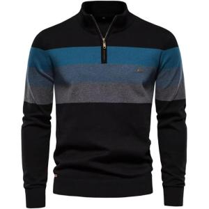 imageINVACHI Mens 14 Cotton Zip Pullover Sweater Long Sleeve Polo Sweater Winter Lightweight Polo Sweatshirt for MenBlack