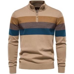 imageINVACHI Mens 14 Cotton Zip Pullover Sweater Long Sleeve Polo Sweater Winter Lightweight Polo Sweatshirt for MenKhaki