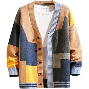 imageINVACHI Mens Cardigan Sweater Colorful Graphic Sweater for Men Casual VNeck Knit SweaterKhaki