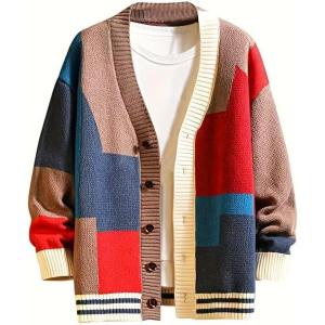 imageINVACHI Mens Cardigan Sweater Colorful Graphic Sweater for Men Casual VNeck Knit SweaterRed