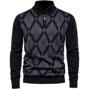 imageINVACHI Mens Quarter Zip Pullover Casual Slim Fit Polo Sweaters Lightweight Mock Neck Knitted Sweater for MenBlack