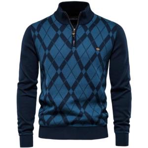 imageINVACHI Mens Quarter Zip Pullover Casual Slim Fit Polo Sweaters Lightweight Mock Neck Knitted Sweater for MenBlue