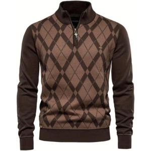 imageINVACHI Mens Quarter Zip Pullover Casual Slim Fit Polo Sweaters Lightweight Mock Neck Knitted Sweater for MenCoffee