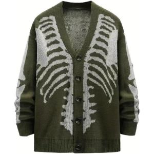 imageINVACHI Mens Skeleton Cardigan VNeck Goth Sweater for Men Oversized Outwear Knitted CoatArmy Green