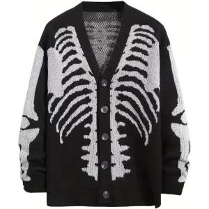 imageINVACHI Mens Skeleton Cardigan VNeck Goth Sweater for Men Oversized Outwear Knitted CoatBlack
