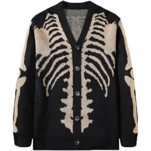 imageINVACHI Mens Skeleton Cardigan VNeck Goth Sweater for Men Oversized Outwear Knitted CoatBlack Khaki