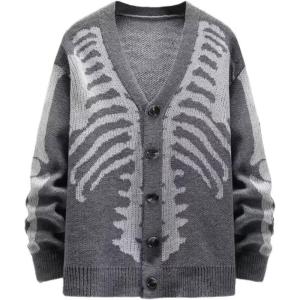 imageINVACHI Mens Skeleton Cardigan VNeck Goth Sweater for Men Oversized Outwear Knitted CoatGrey