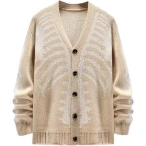 imageINVACHI Mens Skeleton Cardigan VNeck Goth Sweater for Men Oversized Outwear Knitted CoatKhaki