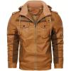 imageINVACHI Mens Faux Leather Bomber Jacket Hooded Fleece Lining Coat for Men Winter Warm Motorcycle JacketBrown