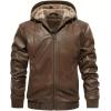 imageINVACHI Mens Faux Leather Jacket Fleece Lining Motorcycle Jacket Waterproof Windproof PU Bomber Jacket HoodedBrown