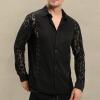 imageINVACHI Mens Sexy Lace See Through Shirts Blouse Long Sleeve Button Down Fishnet Sheer ShirtsBlack 080
