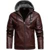 imageINVACHI Mens Faux Leather Jacket Fleece Lining Motorcycle Jacket Waterproof Windproof PU Bomber Jacket HoodedWine Red