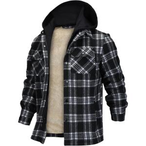 imageINVACHI Flannel Jackets for Men Long Sleeve Plaid Shirt Jacket Fleece Lined Winter Coat with Detachable HoodBlack