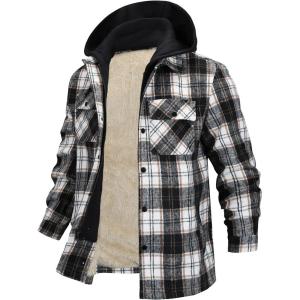 imageINVACHI Flannel Jackets for Men Long Sleeve Plaid Shirt Jacket Fleece Lined Winter Coat with Detachable HoodCoffee01