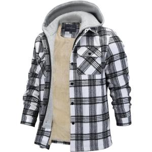 imageINVACHI Flannel Jackets for Men Long Sleeve Plaid Shirt Jacket Fleece Lined Winter Coat with Detachable HoodWhite Grey
