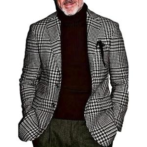imageINVACHI Mens Black and White Tweed Blazer Slim Fit Houndstooth Blazer Men Casual Business Suit Jacket for MenBlack