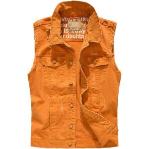 imageINVACHI Mens Casual Lapel Denim Vest Vintage Sleeveless Jeans Vest Slim Fit JacketOrange