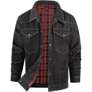imageINVACHI Mens Denim Shirt Jacket Plaid Flannel Lined Shacket Casual Lightweight Trucker Cargo CoatBlack