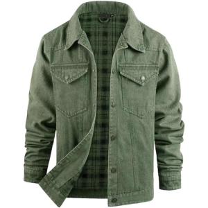 imageINVACHI Mens Denim Shirt Jacket Plaid Flannel Lined Shacket Casual Lightweight Trucker Cargo CoatGreen