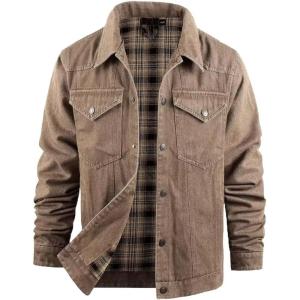 imageINVACHI Mens Denim Shirt Jacket Plaid Flannel Lined Shacket Casual Lightweight Trucker Cargo CoatKhaki