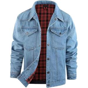imageINVACHI Mens Denim Shirt Jacket Plaid Flannel Lined Shacket Casual Lightweight Trucker Cargo CoatLight Blue