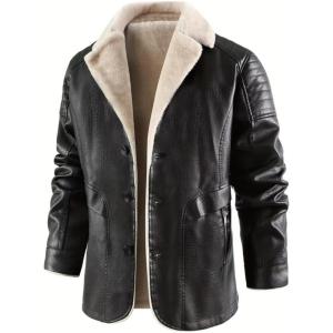 imageINVACHI Mens Faux Fur Leather Trench Coat Winter Warm Fleece Lining Jacket with LapelBlack