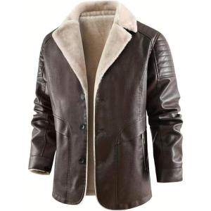 imageINVACHI Mens Faux Fur Leather Trench Coat Winter Warm Fleece Lining Jacket with LapelBrown
