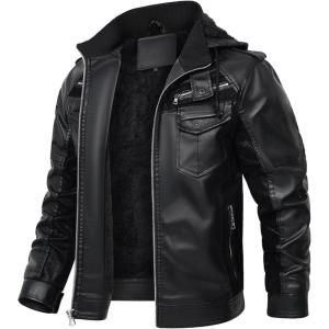imageINVACHI Mens Faux Leather Bomber Jacket Hooded Fleece Lining Coat for Men Winter Warm Motorcycle JacketBlack