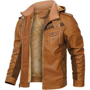 imageINVACHI Mens Faux Leather Bomber Jacket Hooded Fleece Lining Coat for Men Winter Warm Motorcycle JacketBrown