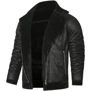 imageINVACHI Mens Faux Leather Fleece Jacket Sherpa Lined Warm Jacket FallampampWinter Trucker Jacket with Fur Notched LapelBlack