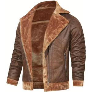 imageINVACHI Mens Faux Leather Fleece Jacket Sherpa Lined Warm Jacket FallampampWinter Trucker Jacket with Fur Notched LapelBrown