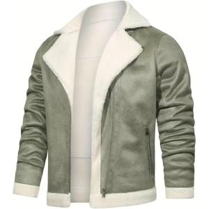 imageINVACHI Mens Faux Leather Fleece Jacket Sherpa Lined Warm Jacket FallampampWinter Trucker Jacket with Fur Notched LapelGreen